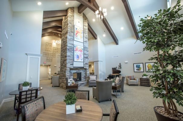 Lounge area of a senior living facility with modern decor
