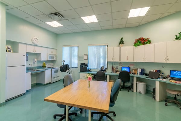 Bright common area with a kitchen and seating