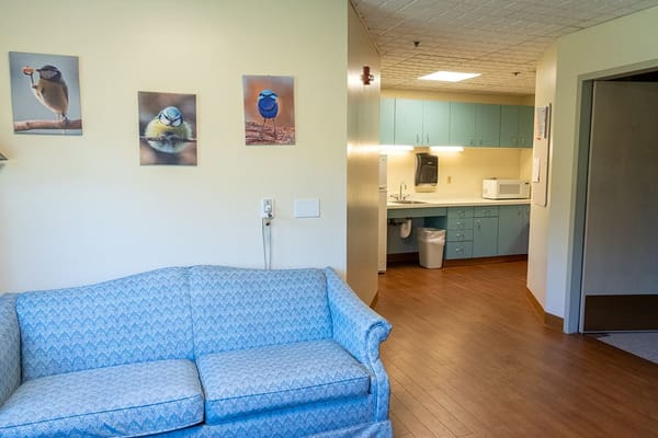 Cozy living area with a couch and kitchen in the background