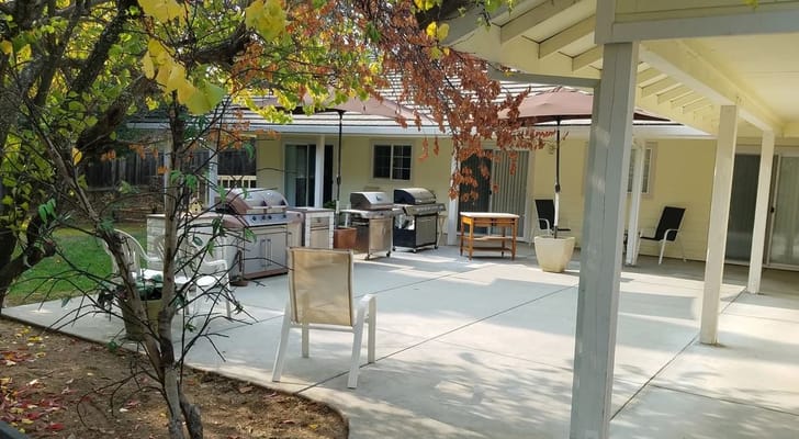 Outdoor patio area with grills and seating