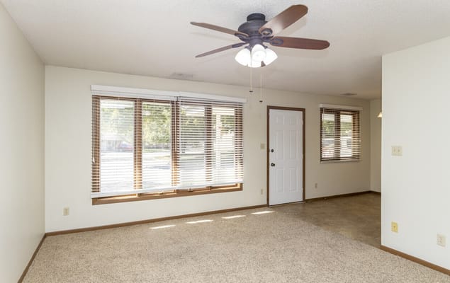 Interior view of a living space with a ceiling fan
