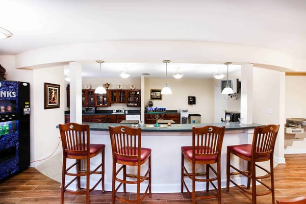 Interior view of a common area with bar seating