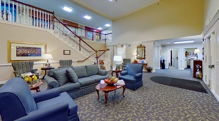 Inviting lounge seating area with sofas and decorative table