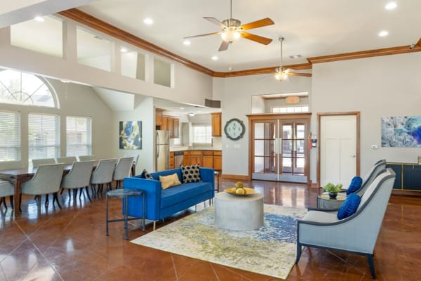 Spacious living room with blue sofa and wooden dining area
