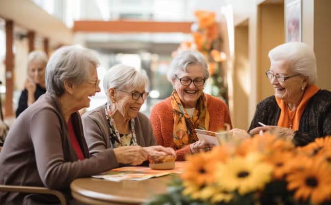Residents enjoying activities at a communal table