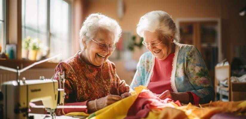 Two smiling women engaging in a sewing activity indoors