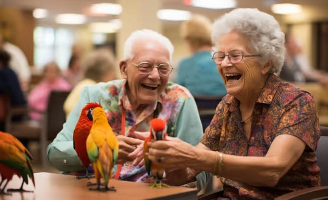 Residents interacting with colorful parrots in an activity room