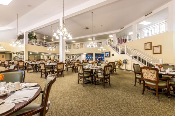 Dining room with set tables and decor