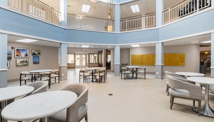 Bright and spacious common area with seating