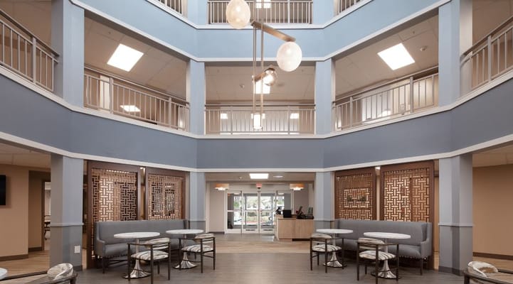 Common area with seating and bright lighting