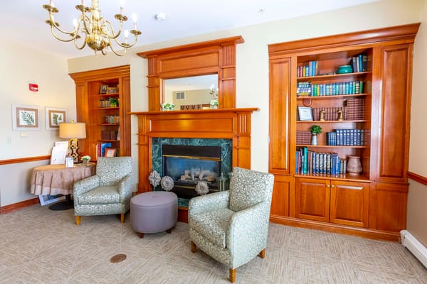 Comfortable living room with chairs, fireplace, and bookshelves.