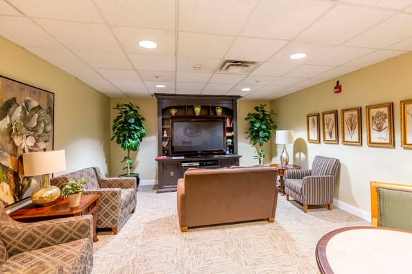 Comfortable living room with seating, TV, and decorative plants.