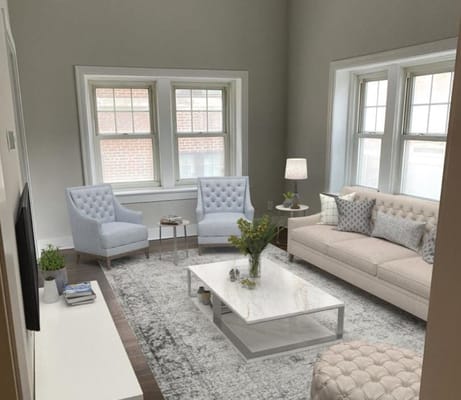 Bright and inviting common area with seating