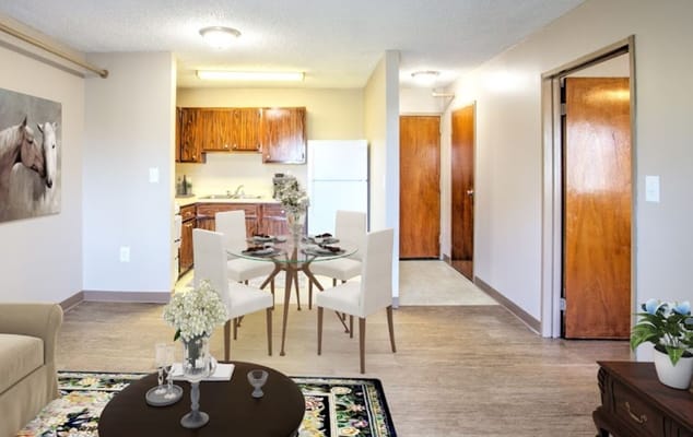 Bright interior of a senior living apartment.