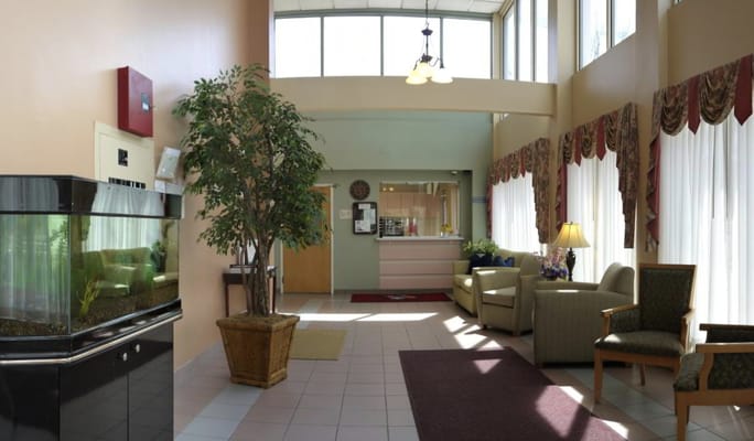 Bright and welcoming interior lobby with seating