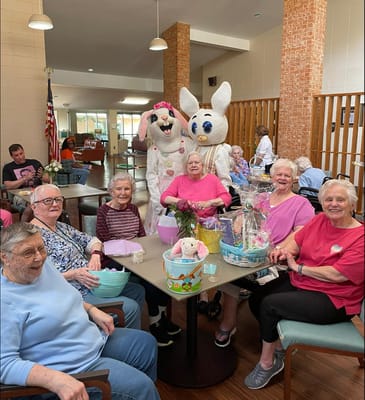 Residents celebrating with Easter-themed decorations and costumes
