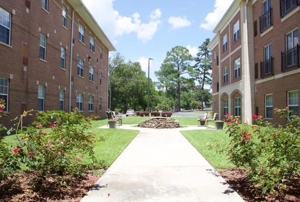 Pathway through landscaped outdoor space at Magnolia Manor