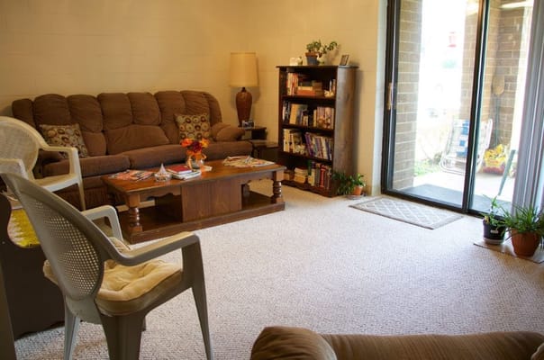 Cozy living room with a sofa and bookshelf