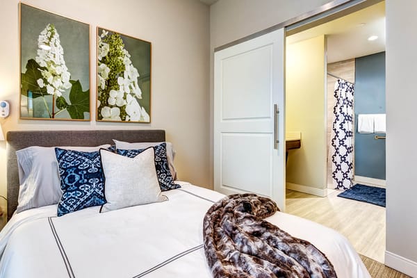 Cozy resident room with modern decor and bathroom