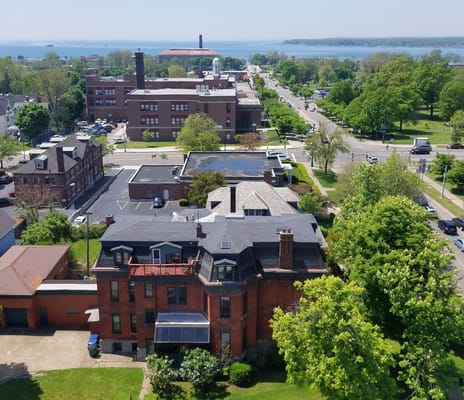 Aerial view of Mary Agnes Manor with surrounding greenery.