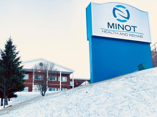 Exterior view of Minot Health and Rehab facility sign