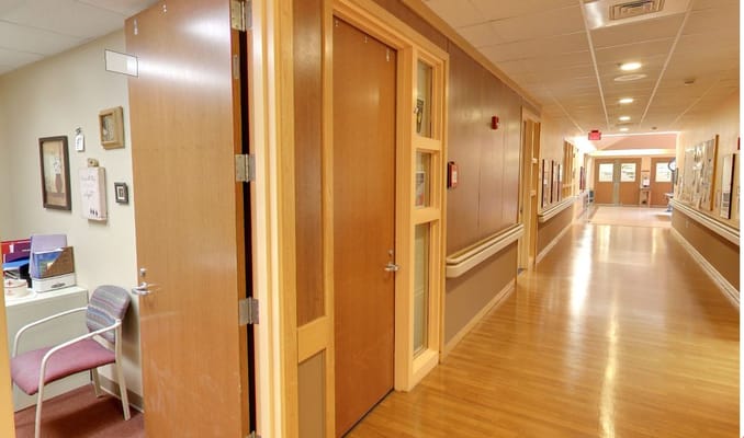 Interior hallway with private resident rooms