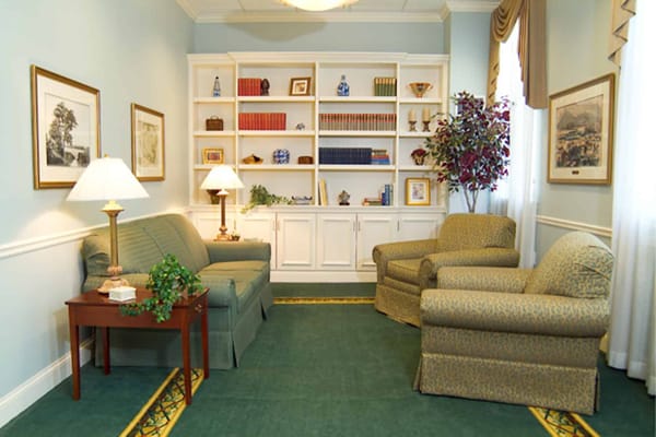 Comfortable seating area with bookshelves and decorative plants