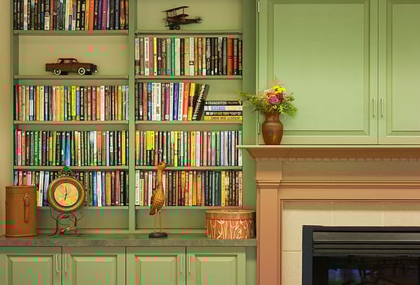 Cozy common area with bookshelves and decorative items
