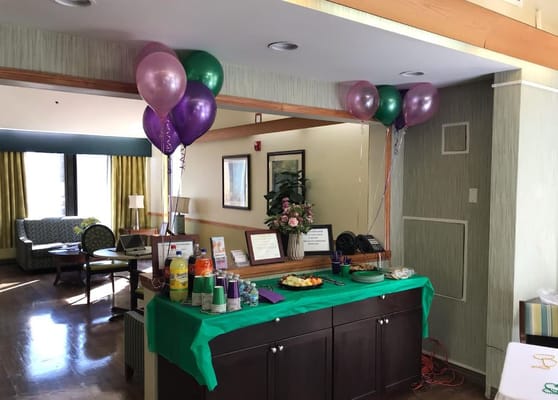 Party decorations in a lively facility common area