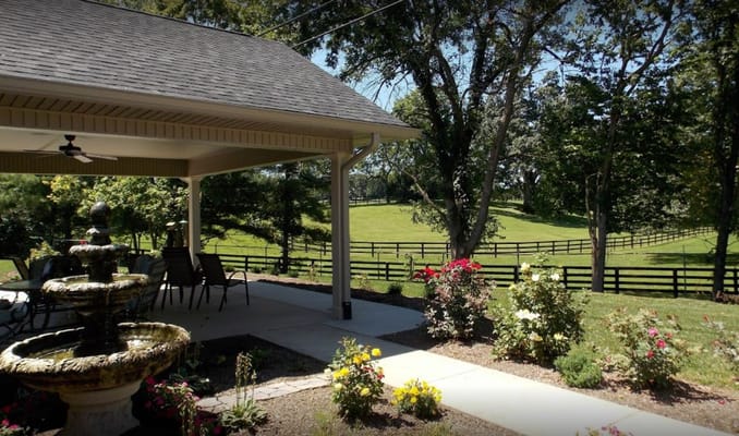 Lush garden and outdoor seating area