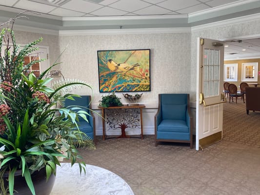 Interior view of a common area with seating.