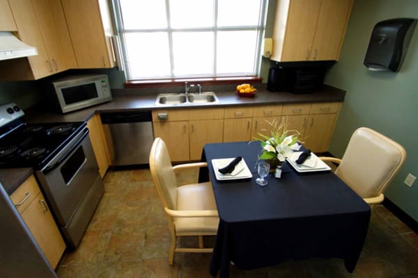 A cozy dining area with a table set for two