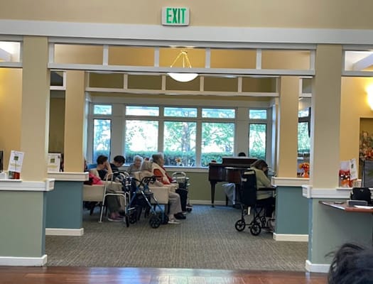 Seniors seated in a living room enjoying a musical performance.