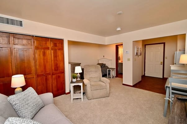 A spacious living room with a recliner, sofa, and wooden closet doors.