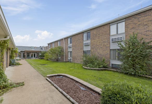 Outdoor garden space with pathways and greenery