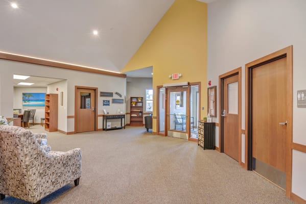 Interior view of a bright common area in the facility
