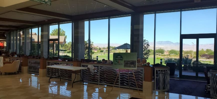 Bright lobby with large windows showcasing the outdoors