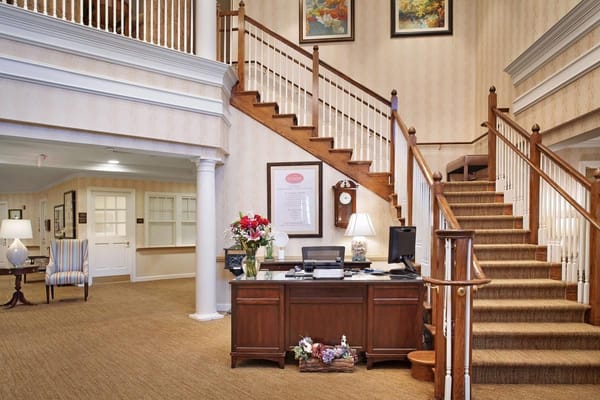 Interior view of a lobby with a reception area