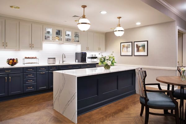 View of a stylish kitchen with dark cabinetry and modern appliances