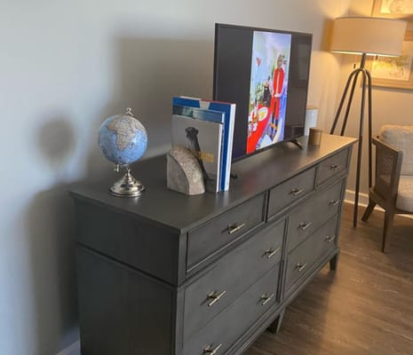 Decorative living room setup featuring a TV, globe, and books