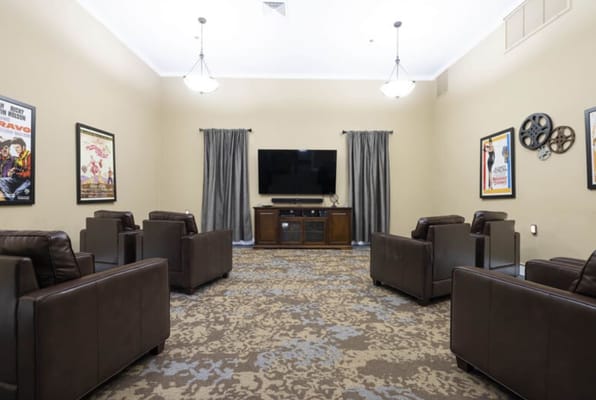 Couches in a lounge area with a television and movie posters