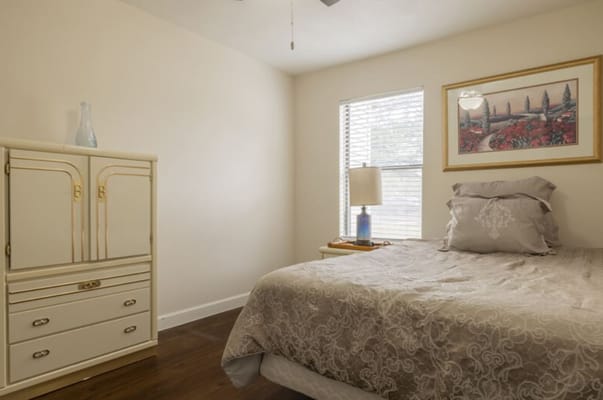 Bright bedroom featuring a bed, dresser, and window with blinds