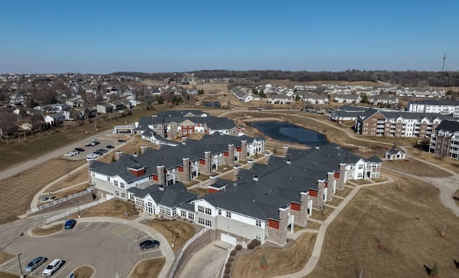 Aerial view of The Homestead at Rochester with surrounding landscape.