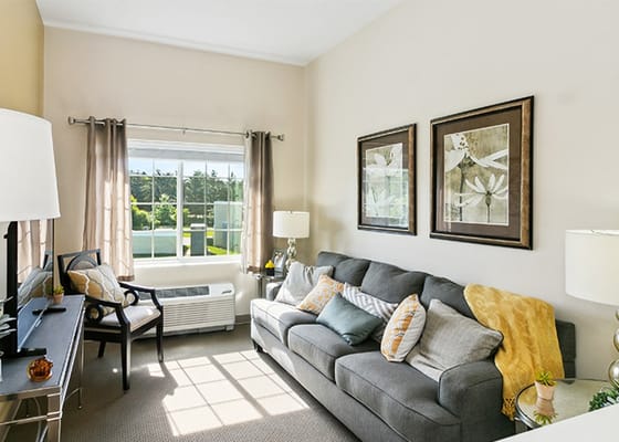 Living room with a gray sofa, pillows, and a large window.