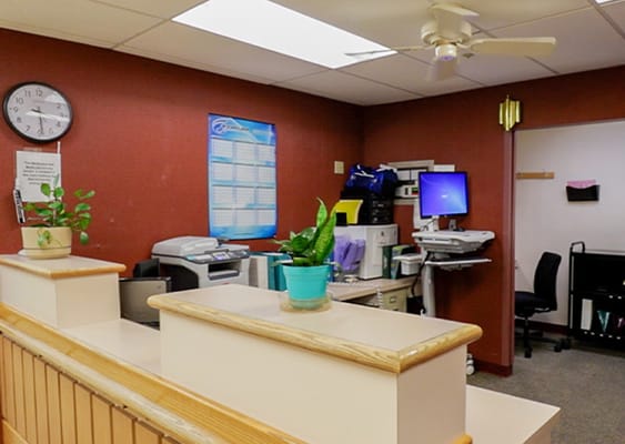 Reception area with plants and office equipment