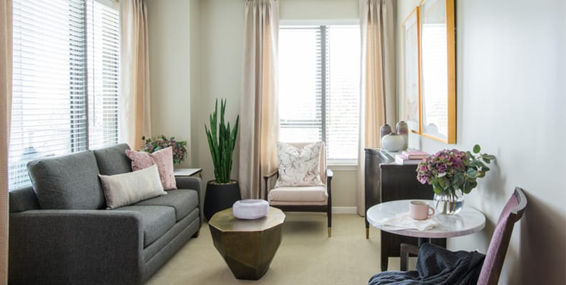 Bright interior lounge area with cozy seating