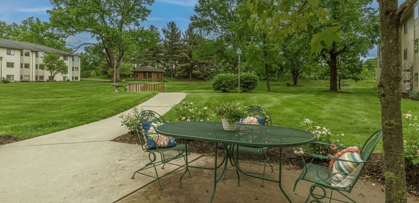 Outdoor seating area with table and chairs in the garden