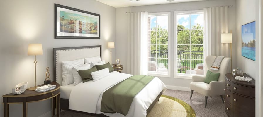 Bright interior of a private resident room with garden view