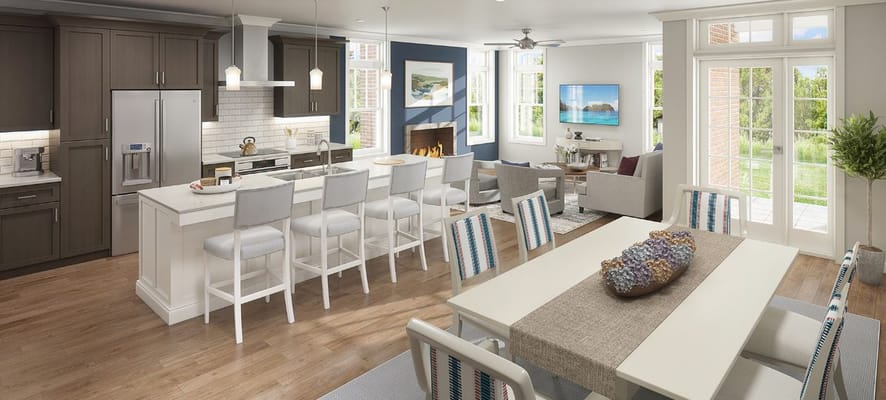 Modern open-concept kitchen and living area in a senior facility