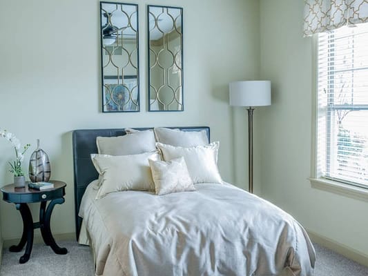 Cozy private bedroom with neutral decor and mirrors